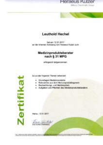 Zertifikat Medizin Produkte Berater von Kulzer für Leuthold Hechel