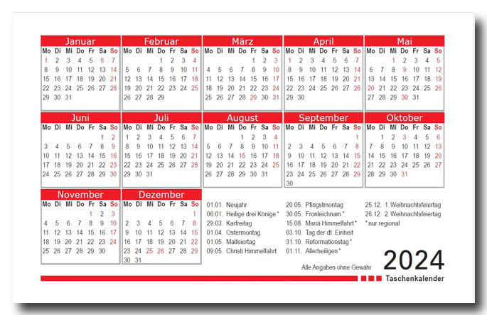 Kalender 2024 für Visitenkarten und Flyer in rot