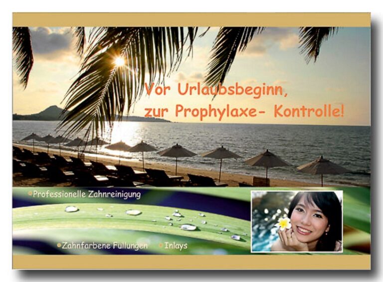 Recallkarte Vor Urlaubsbeginn zur Prophylaxe Kontrolle Ferienbild am Strand unter Palmen mit smile asia Foto