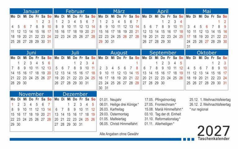 Kalender 2027 Rückseite in blau weiß zur Visitenkartenbild Frontseite