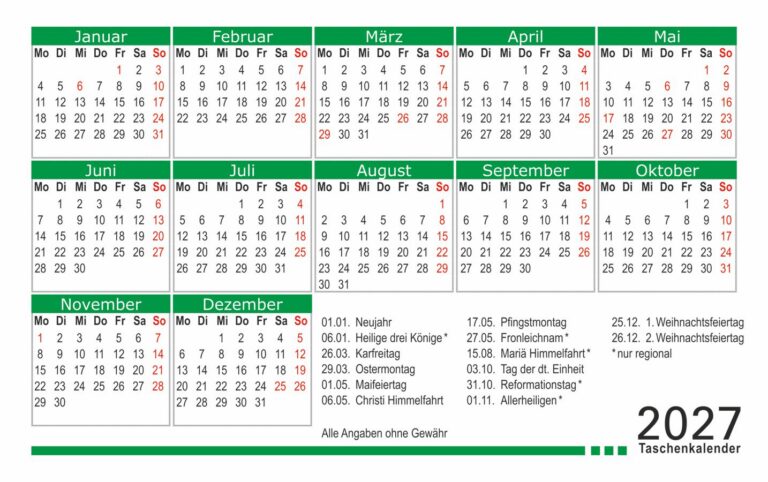 Kalender 2027 Rückseite in Grün weiß zur Visitenkartenbild Frontseite