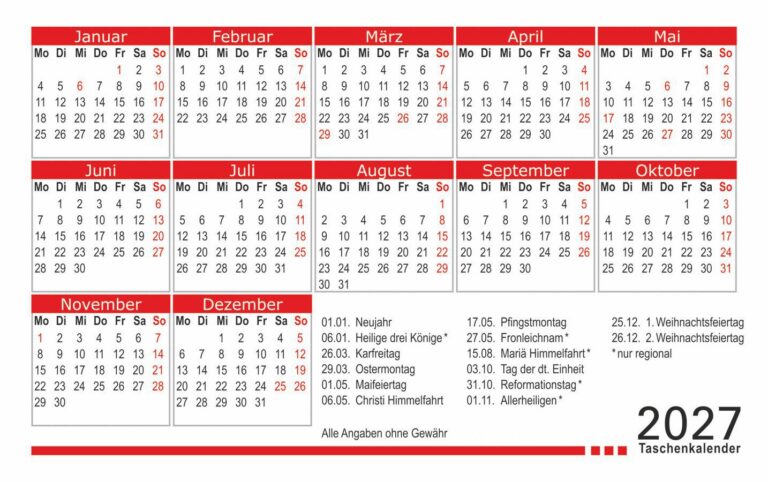 Kalender 2027 Rückseite in rot weiß zur Visitenkartenbild Frontseite